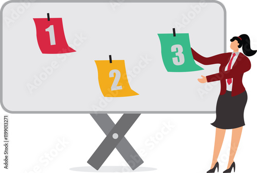 Work priorities schedule, Set a schedule for which work should be prioritized and put aside, Division of work time or task management, Business people organize work priorities with sticky notes
