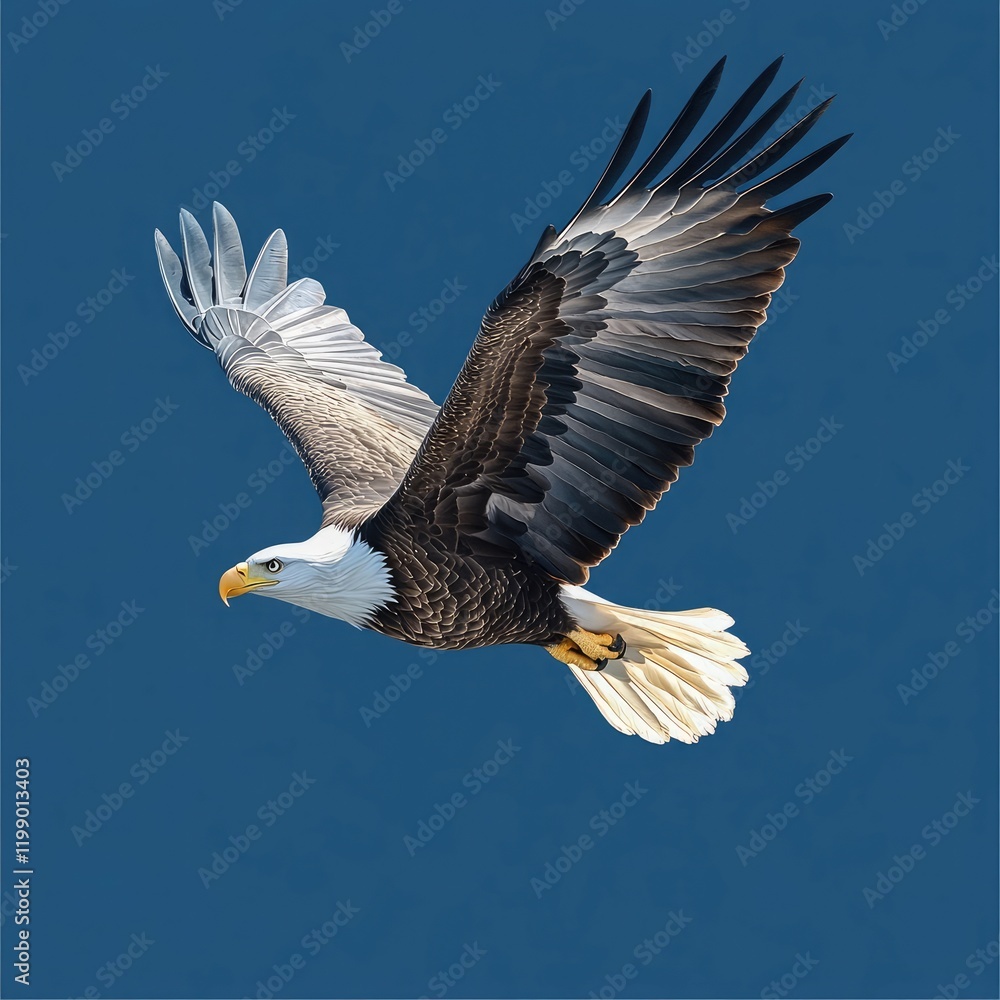 Naklejka premium Flying Bald Eagle in amazing look, clipart on blue background