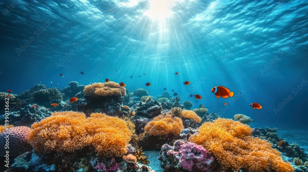 Fototapeta premium Vibrant coral reef with sun rays and fish.