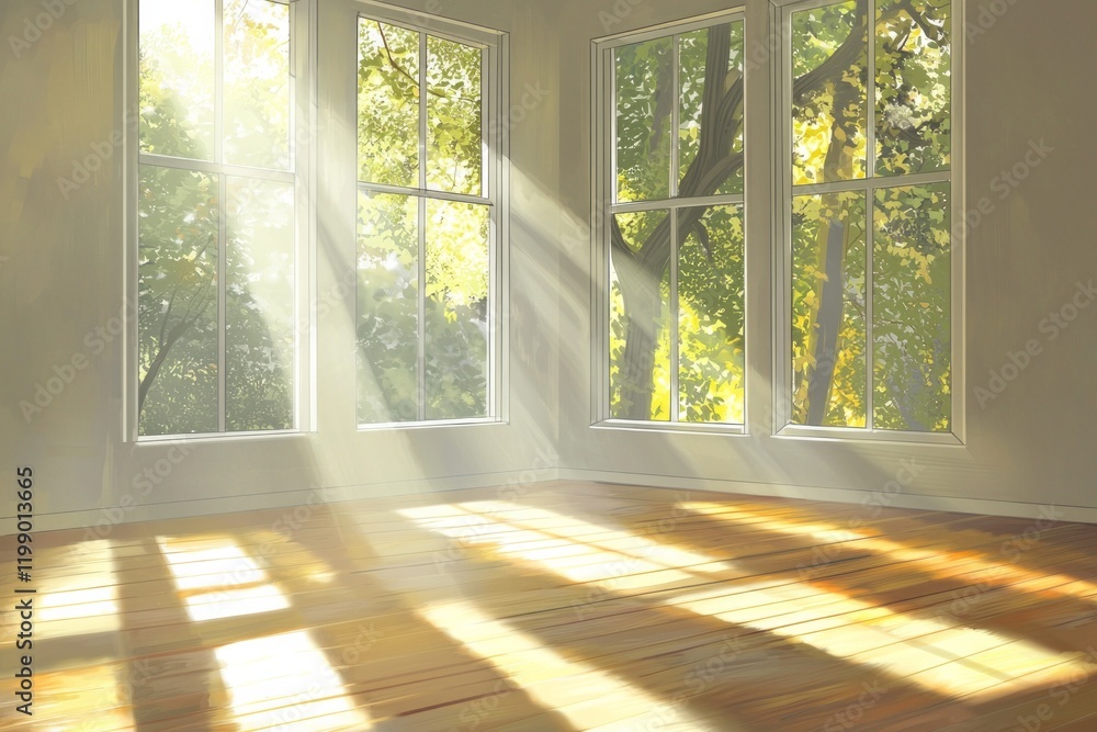 Fototapeta premium An empty room with large windows, a wooden floor, and soft sunlight streaming in. The room is a bright, white color. In the background, there are trees visible outside one of the windows. 