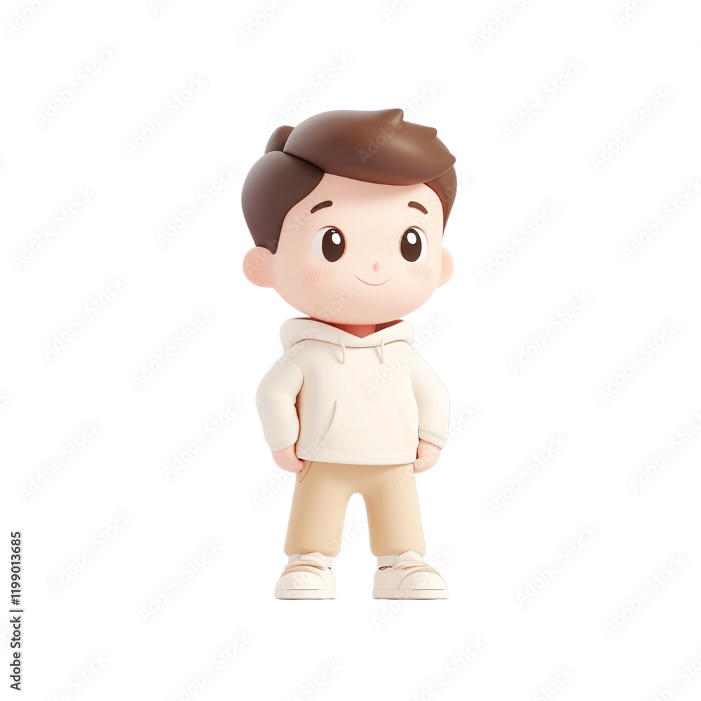 Fototapeta premium Cute cartoon character boy in hoodie and beige pants, smiling happily