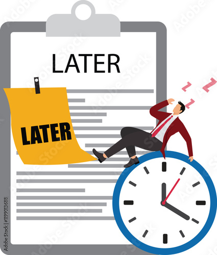 Procrastination or wasting work time with businessman sleeping leaning on an alarm clock with the word later written on paper sticky notes, delaying work or wasting time, laziness to do a task or job