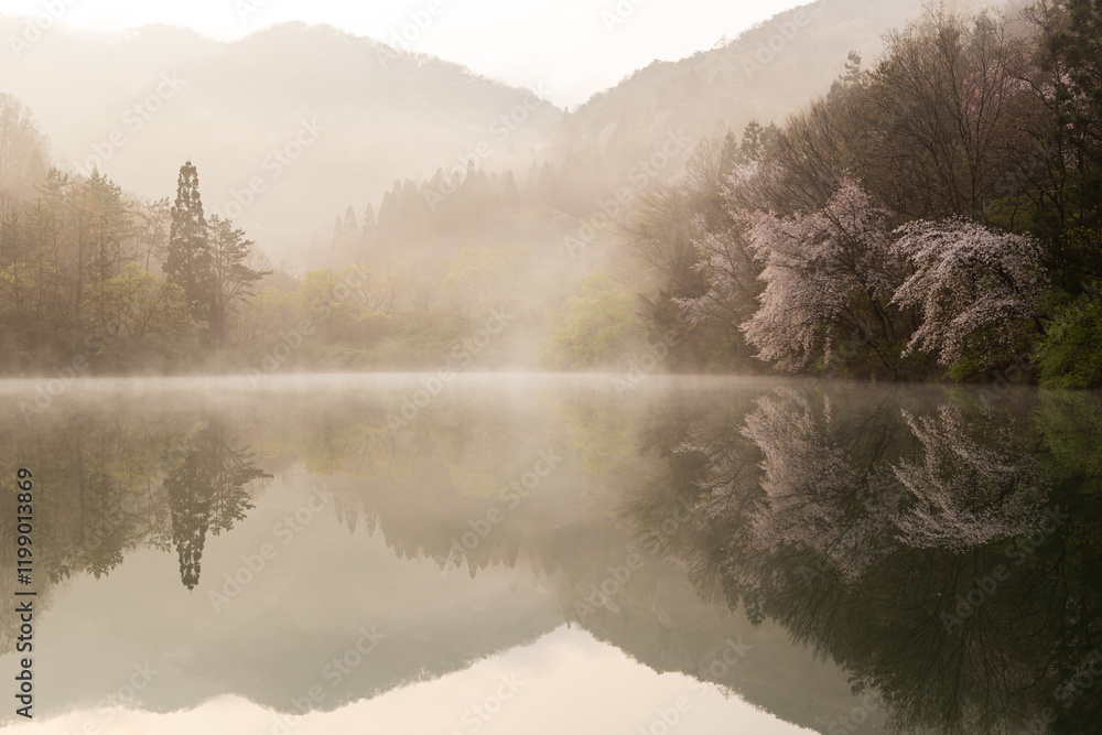 Fototapeta premium A beautiful scenery with reflection and light in the cherry blossom lake