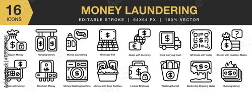 Money Laundering icon set. Editable Stroke Icon Collection. Includes Corruption, Criminal, Fraud, Laundering, Money, and More. Outline icons vector collection.