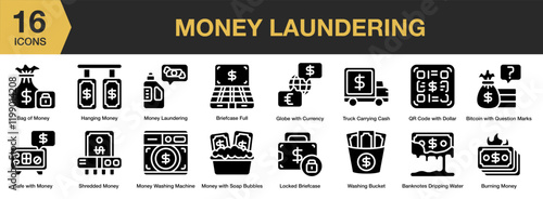 Money Laundering solid icon set. Includes banking, financial, money, cash, currency, and More. Solid icons vector collection.