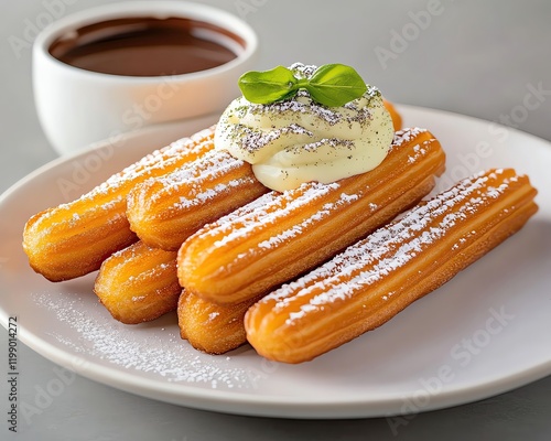 Culinary fusion cuisine Delicious churros topped with cream and chocolate. photo