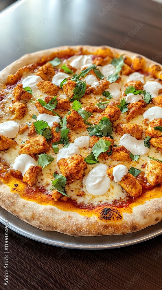 Culinary fusion cuisine Delicious pizza topped with chicken and herbs. Culinary fusion cuisine Delicious pizza topped with chicken and herbs.