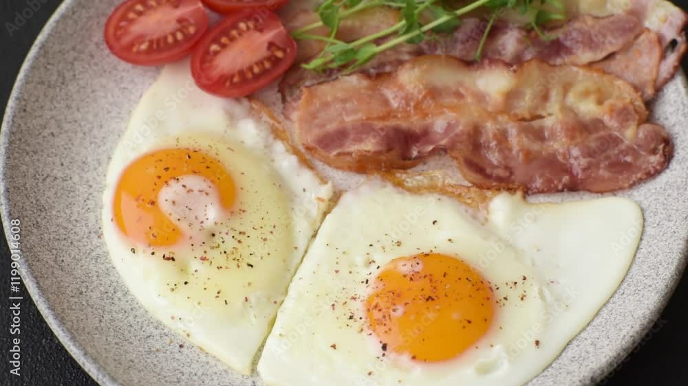 A hearty breakfast with fried eggs, bacon, tomatoes, microgreens, salt, spices and herbs A hearty breakfast with fried eggs, bacon, tomatoes, microgreens, salt, spices and herbs