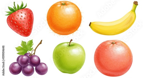 Colorful collection of fruits with strawberry, orange, banana, grapes, apple, and peach photo