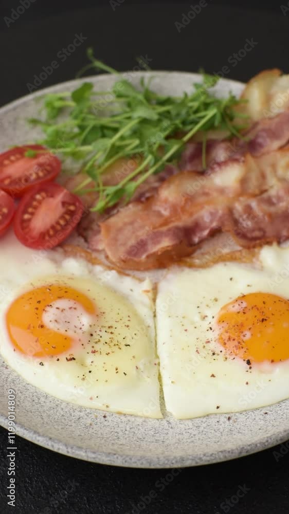 A hearty breakfast with fried eggs, bacon, tomatoes, microgreens, salt, spices and herbs A hearty breakfast with fried eggs, bacon, tomatoes, microgreens, salt, spices and herbs