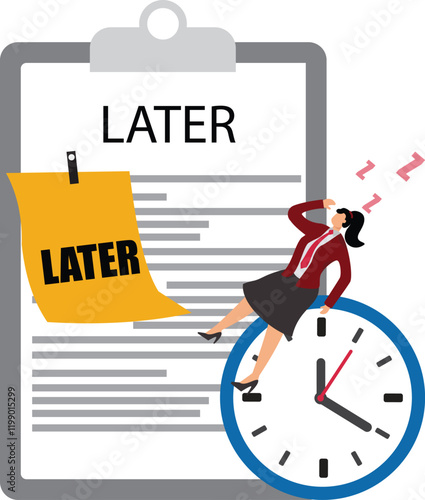 Procrastination or wasting work time with business sleeping leaning on an alarm clock with the word later written on paper sticky notes, delaying work or wasting time, laziness to do a task or job