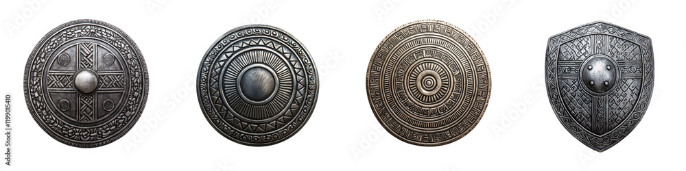 Fototapeta premium Collection of Vintage Metallic Medieval Shields with Ornate Symbolic Designs and Patterns Ancient Warrior Armor Battle Defense History Concept