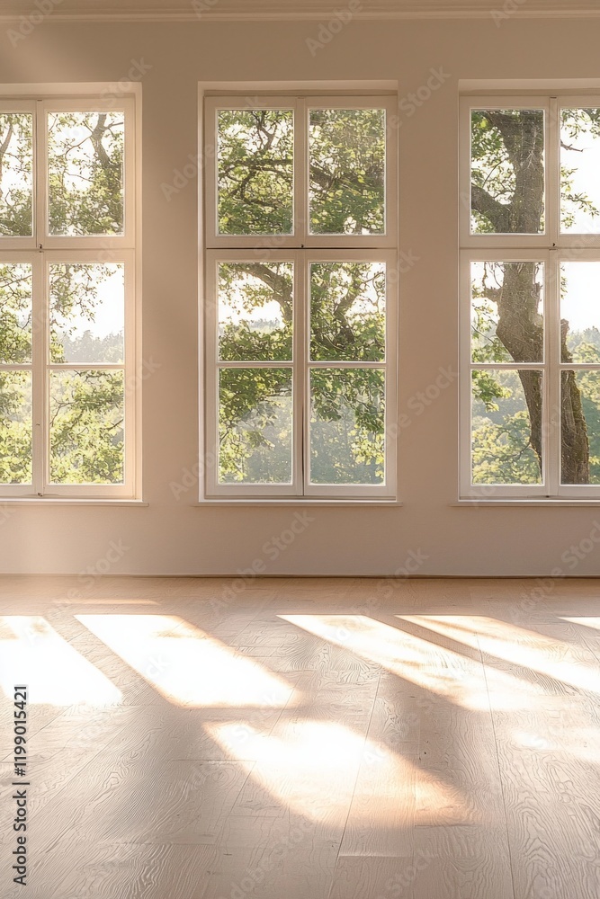 An empty room with large windows, a wooden floor, and soft sunlight streaming in. The room is a bright, white color. In the background, there are trees visible outside one of the windows. 