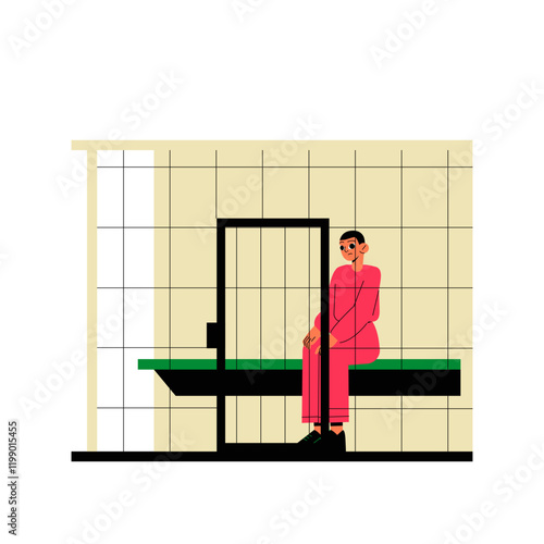 Male Prisoner Sitting On A Bench In Jail Cell In Flat Vector Illustration Symbolizing Crime, Punishment, And Justice System, Isolated On White Background.