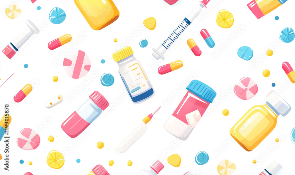 Seamless pattern of colorful medical items including vials, syringes, and pills on a white background. Seamless pattern of colorful medical items including vials, syringes, and pills on a white background.