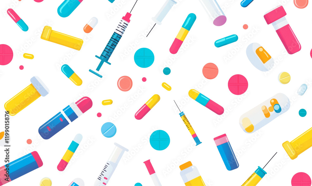 Seamless pattern of colorful medical items including vials, syringes, and pills on a white background. Seamless pattern of colorful medical items including vials, syringes, and pills on a white background.
