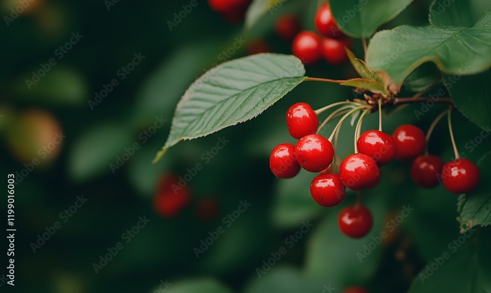 Close-up of cherry branches with juicy red berries. Generative AI Close-up of cherry branches with juicy red berries. Generative AI