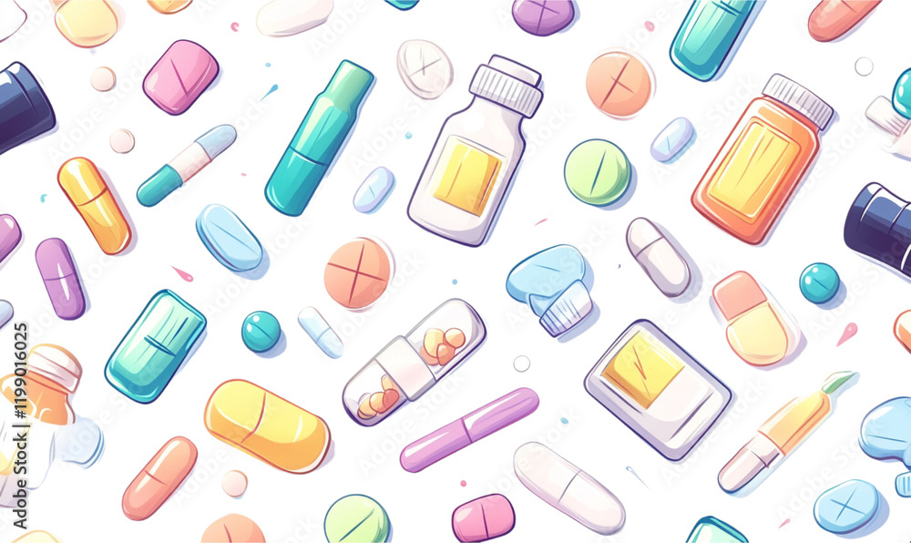 Seamless pattern of colorful medical items including vials, syringes, and pills on a white background. Seamless pattern of colorful medical items including vials, syringes, and pills on a white background.