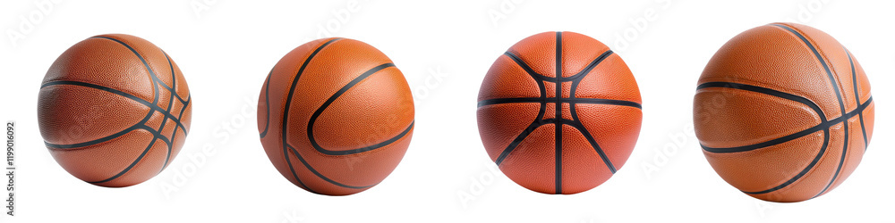 Fototapeta premium Close up view of multiple orange leather basketballs sitting on the wooden court of a basketball stadium or arena The basketballs are ready for a game competition or training session