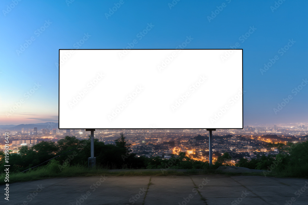 Fototapeta premium Blank billboard overlooking a city skyline at dusk with twinkling lights