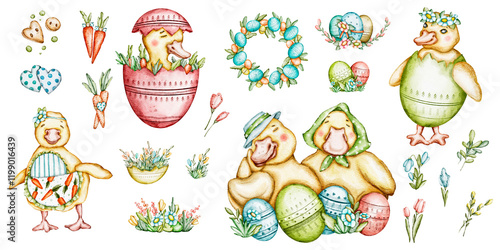 clipart set of elements Easter bunnies and ducks,
watercolors  frames and compositions of elementsEaster bunnies and ducks photo