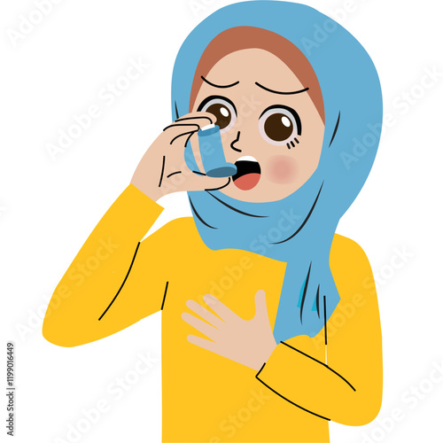 Kid treating asthma with inhaler wearing hijab