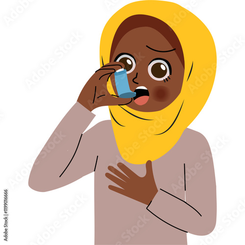 Kid treating asthma with inhaler wearing hijab