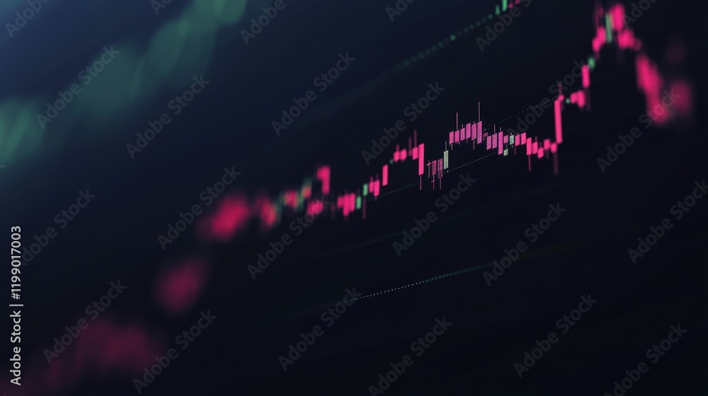 Fototapeta premium Perspective view of stock market growth business investing and data concept with digital financial chart graphs diagrams and indicators on dark blue blurry background