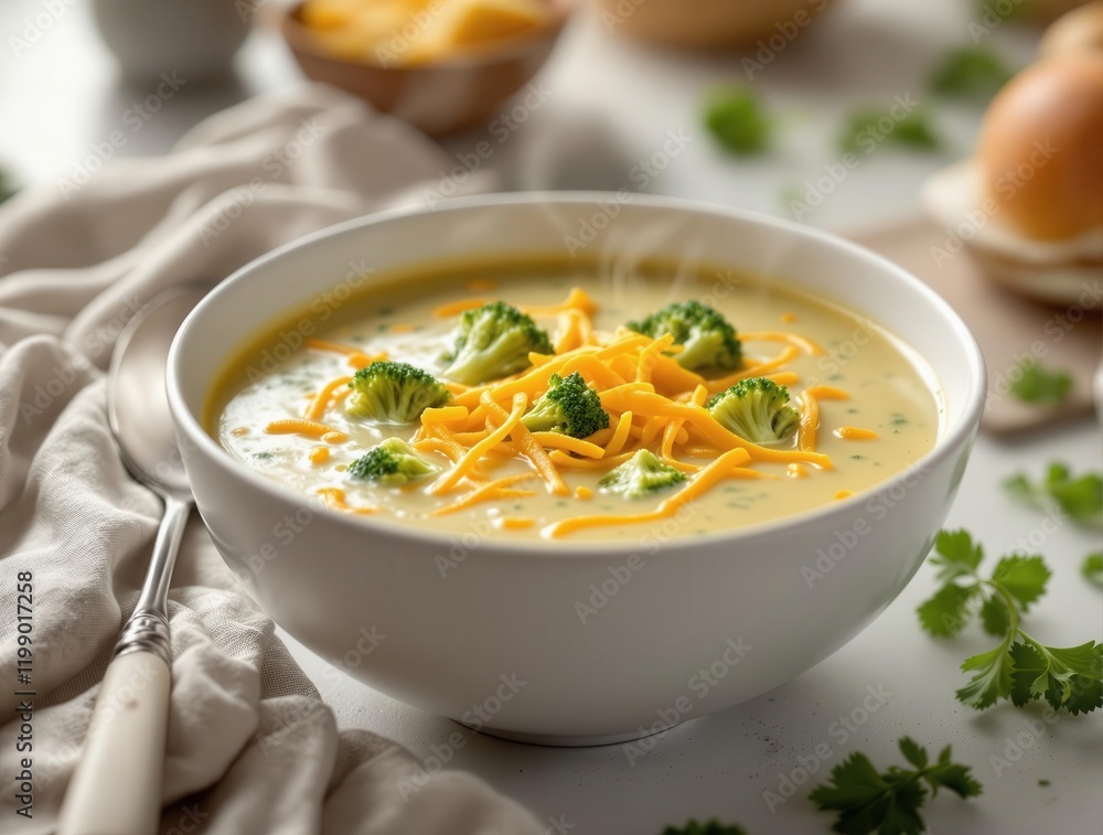 Creamy broccoli cheddar soup in white bowl surrounded by fresh ingredients Creamy broccoli cheddar soup in white bowl surrounded by fresh ingredients
