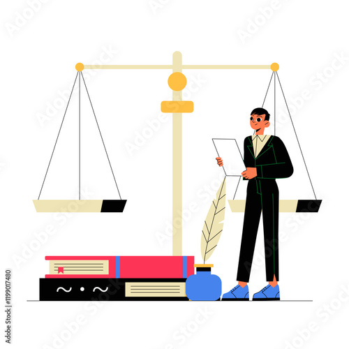 Male Legal Professional Reading Document Next To Scales Of Justice In Flat Vector Illustration Symbolizing Law, Balance, And Accountability, Isolated On White Background.