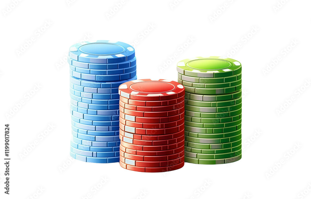 A stack of casino chips in red, blue, and green colors, isolated on a white background. A stack of casino chips in red, blue, and green colors, isolated on a white background.