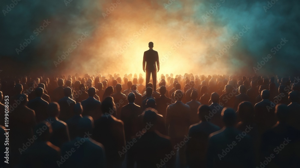 Obraz premium A 3D illustration depicting a leader standing above a group of followers, symbolizing leadership, unity, and inspiration.