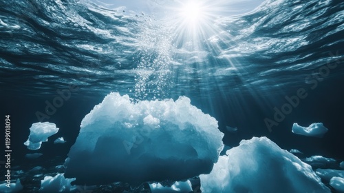 Iceberg submerged under water, sunlight shining through the surface. photo