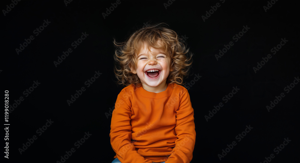 Toddler joyfully laughing with exuberance against a dark background, showcasing pure happiness and youthful spirit in a playful moment Toddler joyfully laughing with exuberance against a dark background, showcasing pure happiness and youthful spirit in a playful moment