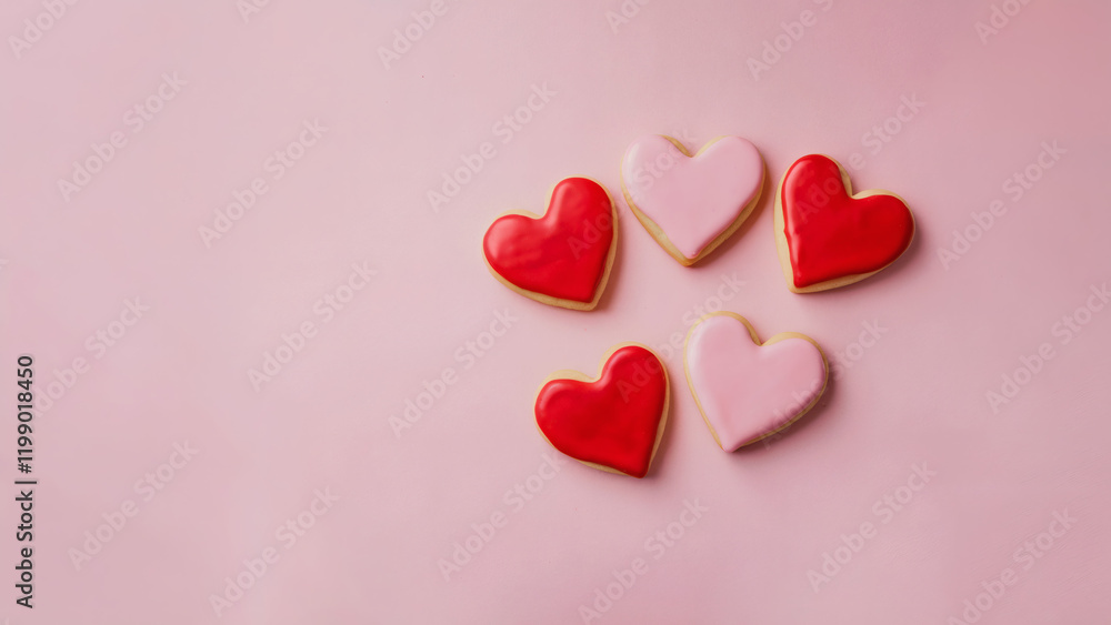 Valentine's day icing cookies: A minimalist and serene photo of red and pink heart-shaped icing cookies on a solid pink background, captured from a top-down angle