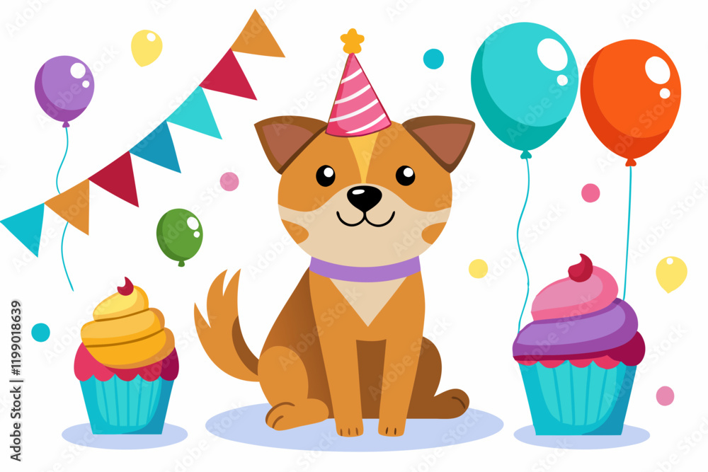 Obraz premium Birthday dog with balloons and a cupcake on a white background 