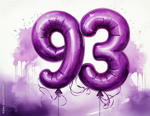 Purple birthday / anniversary party balloon, number 93, watercolor painting with white background