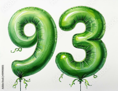 Green birthday / anniversary party balloon, number 93, watercolor painting with white background photo