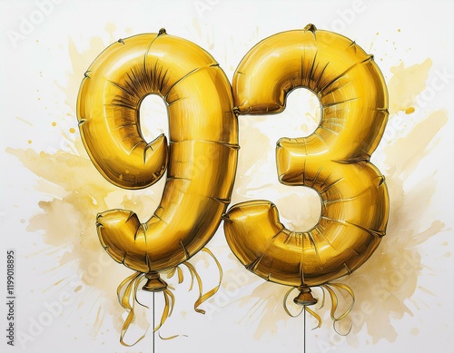 Yellow birthday / anniversary party balloon, number 93, watercolor painting with white background photo