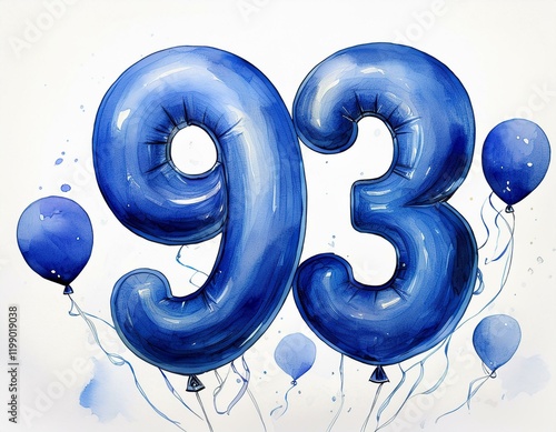 Blue birthday / anniversary party balloon, number 93, watercolor painting with white background photo