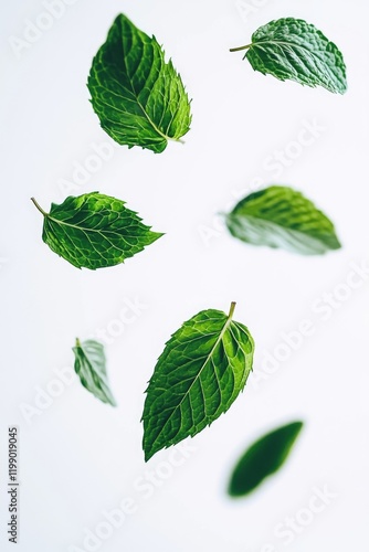 A group of green leaves are floating through the air