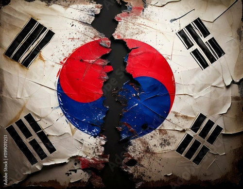 South Korean flag torn in two to demonstrate the concept of political instability in South Korea.