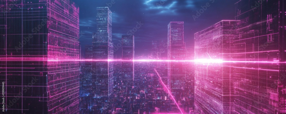 A futuristic global network depicted over an abstract night city. Blockchain technology A futuristic global network depicted over an abstract night city. Blockchain technology