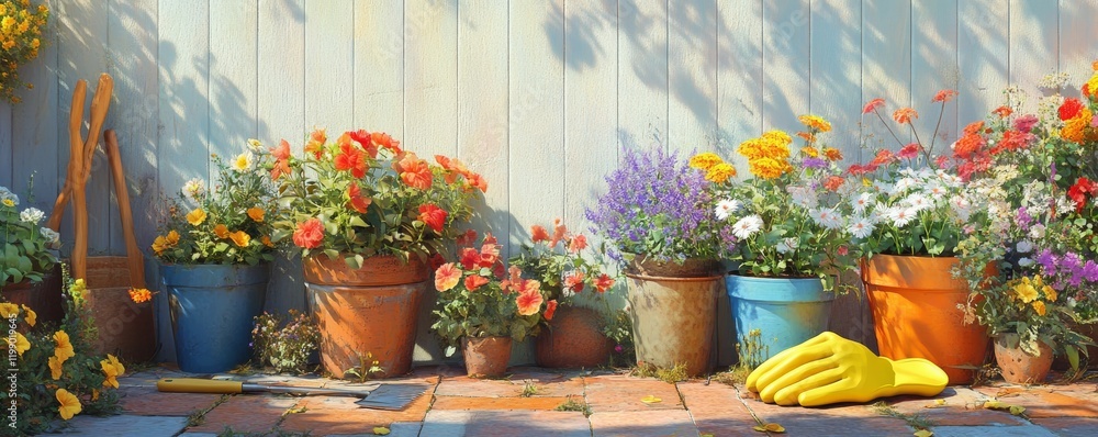 Fototapeta premium A garden scene with colorful flowers in pots, gardening tools like trowels and yellow gloves on the ground at sunny spring day.