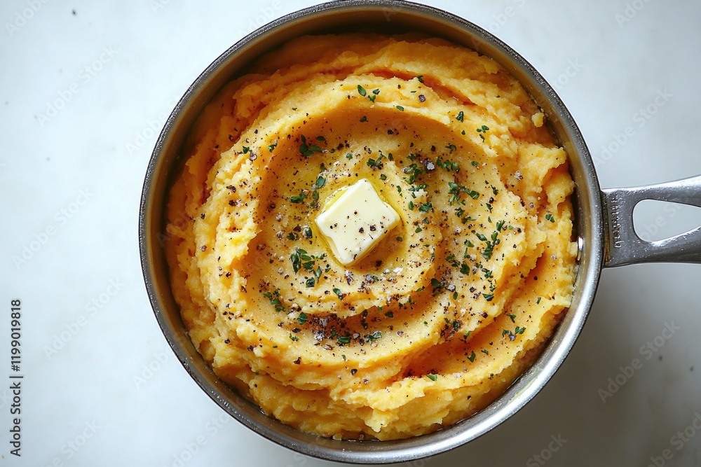 A pan filled with creamy mashed potatoes topped with melted butter, perfect for comfort food or casual dining A pan filled with creamy mashed potatoes topped with melted butter, perfect for comfort food or casual dining