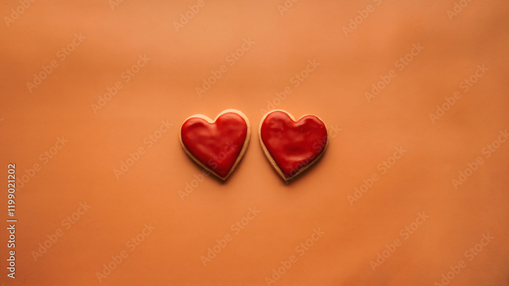 Icing cookies: A simple yet striking photo of two red heart-shaped icing cookies placed side by side