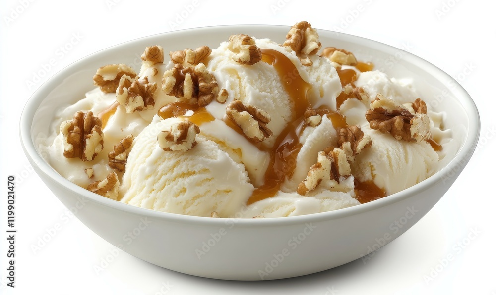 A serving of vanilla ice cream with chopped walnuts and caramel sauce drizzled over it, presented in a white bowl. A serving of vanilla ice cream with chopped walnuts and caramel sauce drizzled over it, presented in a white bowl.