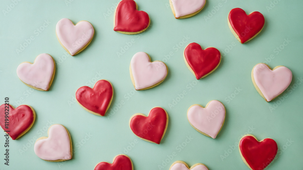 Obraz premium Icing cookies: A minimalist and serene photo of red and pink heart-shaped icing cookies on a mint green background. The fresh, soft green background complements the red and pink tones of the cookies