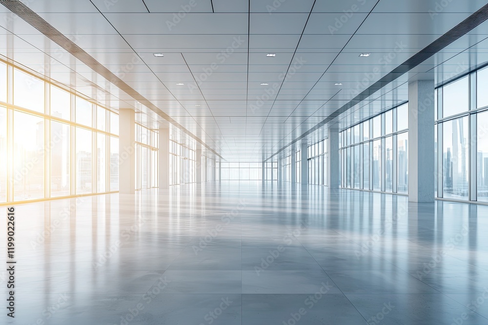 Beautiful, empty interior of a new office building under construction. This space concept features a concrete floor and ceiling with windows open spaces Beautiful, empty interior of a new office building under construction. This space concept features a concrete floor and ceiling with windows open spaces