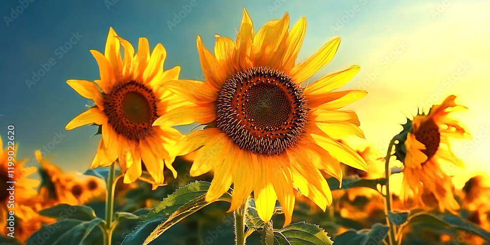 Fototapeta premium Vibrant field of sunflowers with intricate details and stunning HD quality, showcasing a perfect composition in a raw, natural style, offering breathtaking beauty and clarity.
